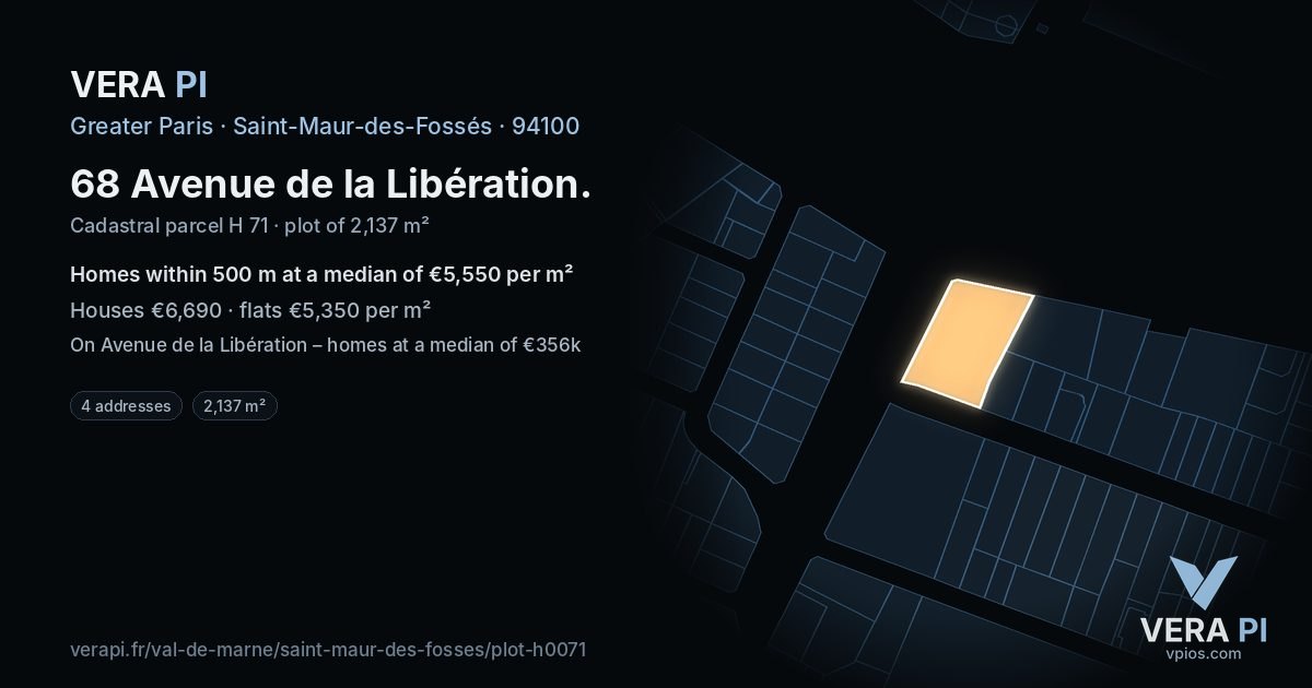 68 Avenue de la Libération, Saint-Maur-des-Fossés at night – the plot lit, the parcels around coloured by the prices near them