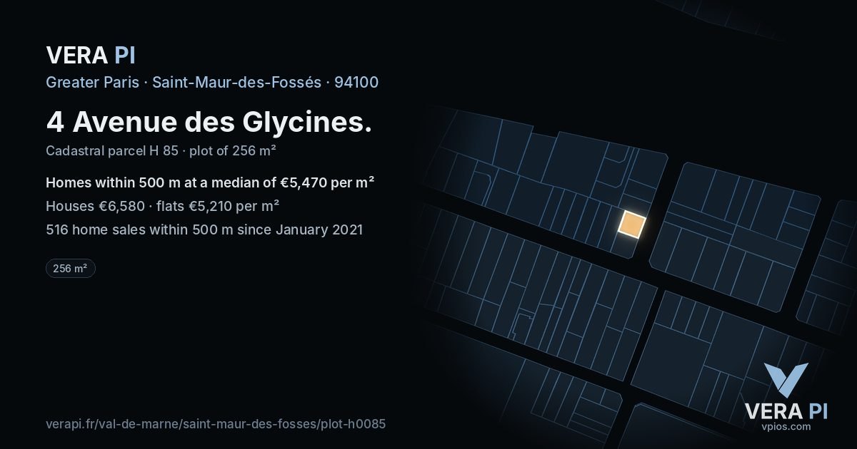 4 Avenue des Glycines, Saint-Maur-des-Fossés at night – the plot lit, the parcels around coloured by the prices near them