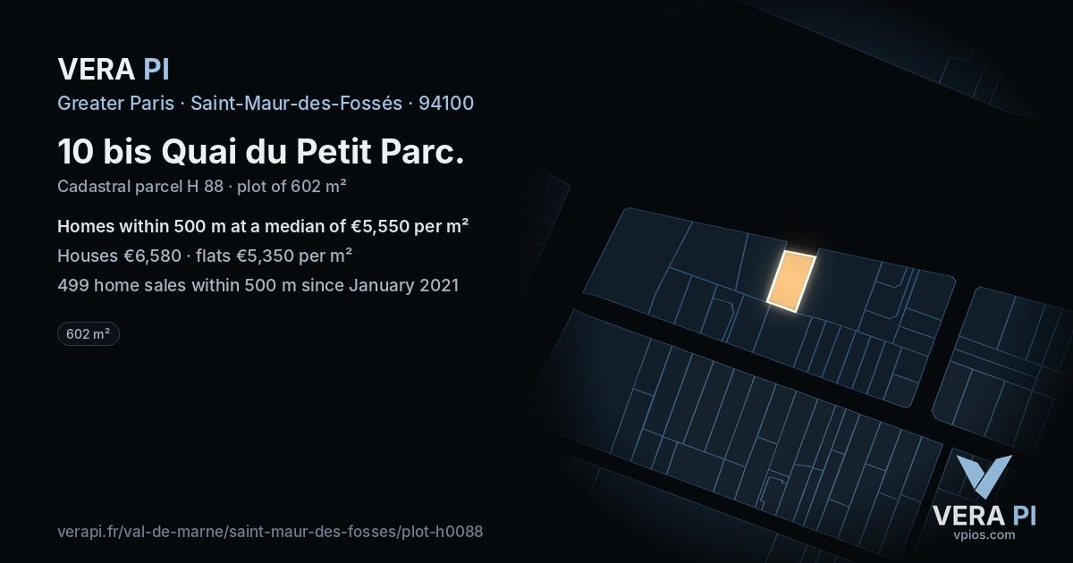 10 bis Quai du Petit Parc, Saint-Maur-des-Fossés at night – the plot lit, the parcels around coloured by the prices near them