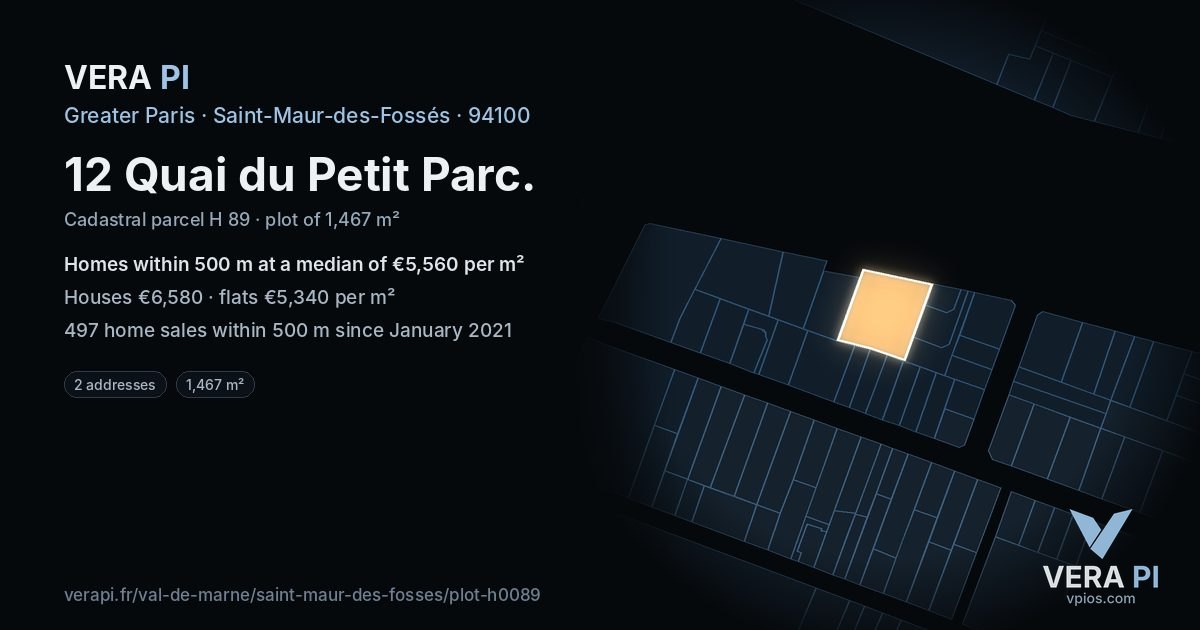 12 Quai du Petit Parc, Saint-Maur-des-Fossés at night – the plot lit, the parcels around coloured by the prices near them