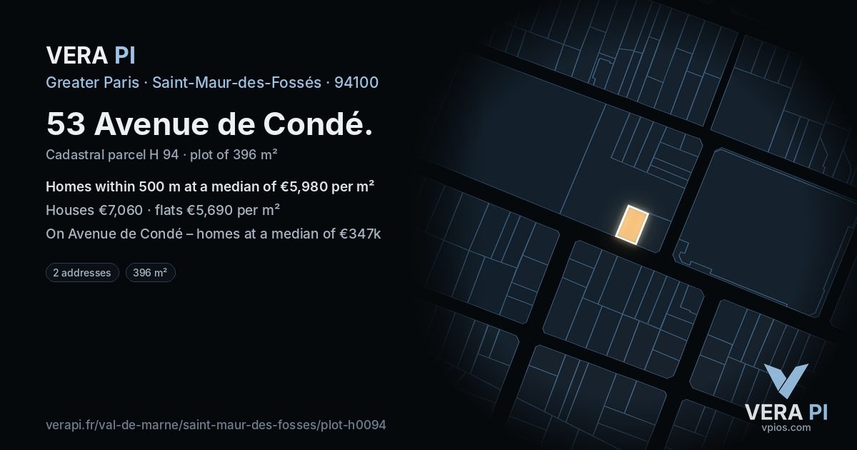 53 Avenue de Condé, Saint-Maur-des-Fossés at night – the plot lit, the parcels around coloured by the prices near them