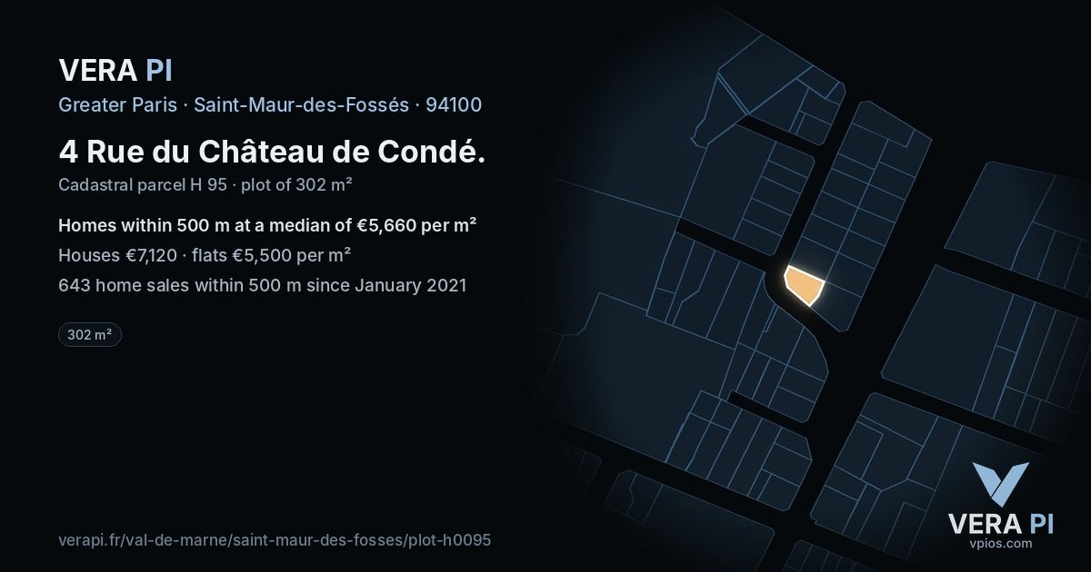 4 Rue du Château de Condé, Saint-Maur-des-Fossés at night – the plot lit, the parcels around coloured by the prices near them