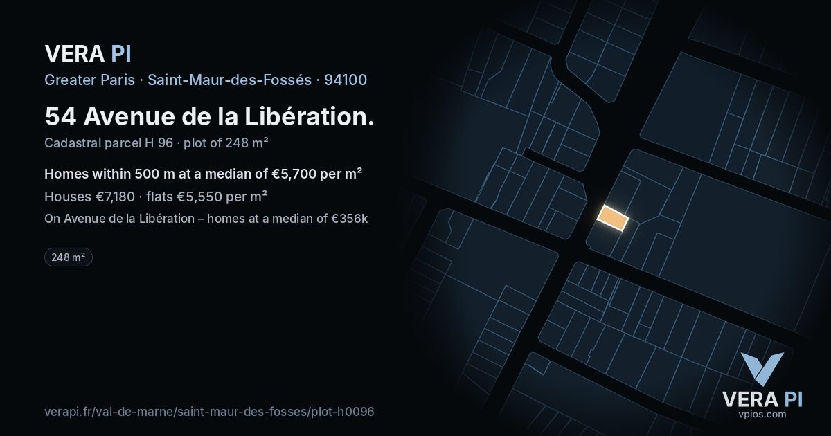 54 Avenue de la Libération, Saint-Maur-des-Fossés at night – the plot lit, the parcels around coloured by the prices near them