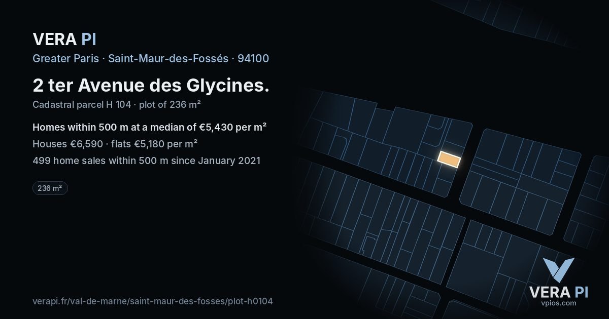2 ter Avenue des Glycines, Saint-Maur-des-Fossés at night – the plot lit, the parcels around coloured by the prices near them