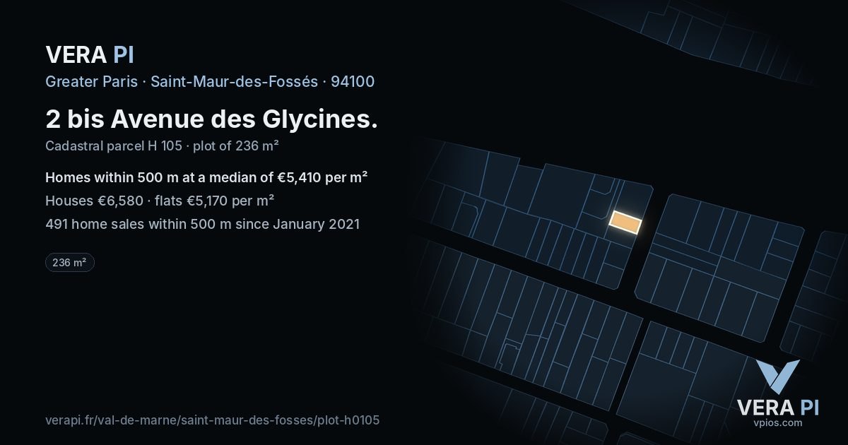 2 bis Avenue des Glycines, Saint-Maur-des-Fossés at night – the plot lit, the parcels around coloured by the prices near them