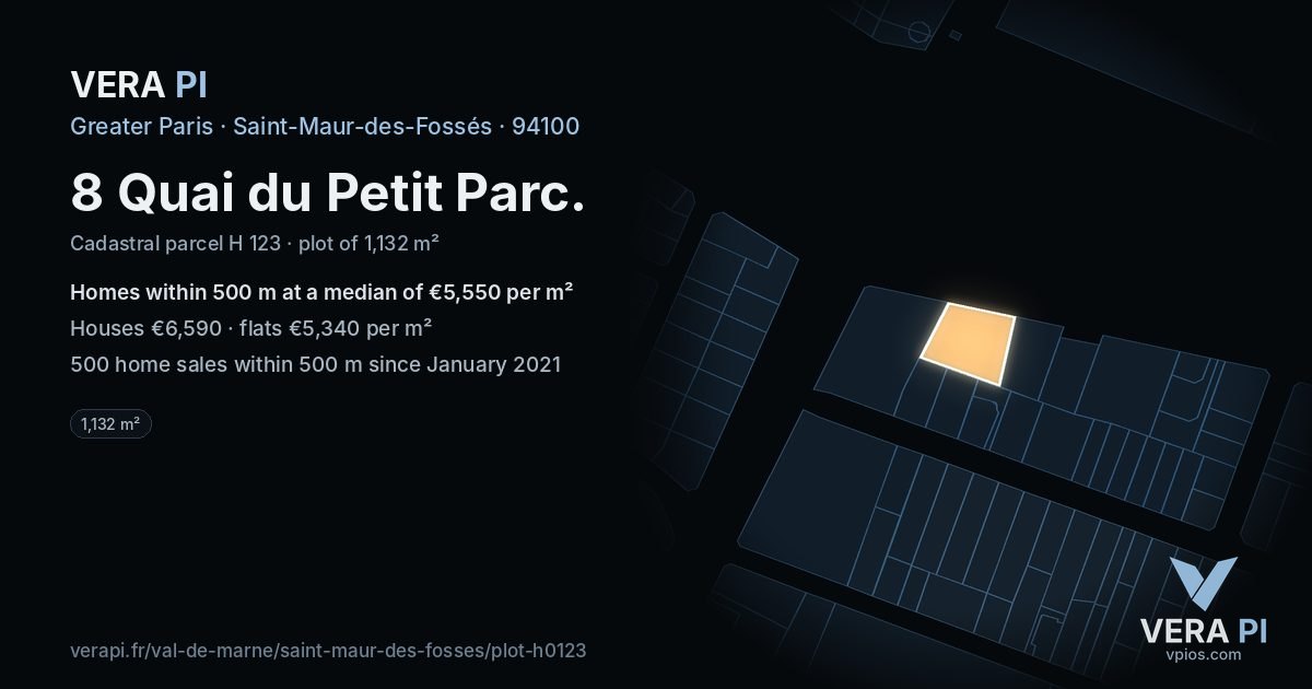 8 Quai du Petit Parc, Saint-Maur-des-Fossés at night – the plot lit, the parcels around coloured by the prices near them