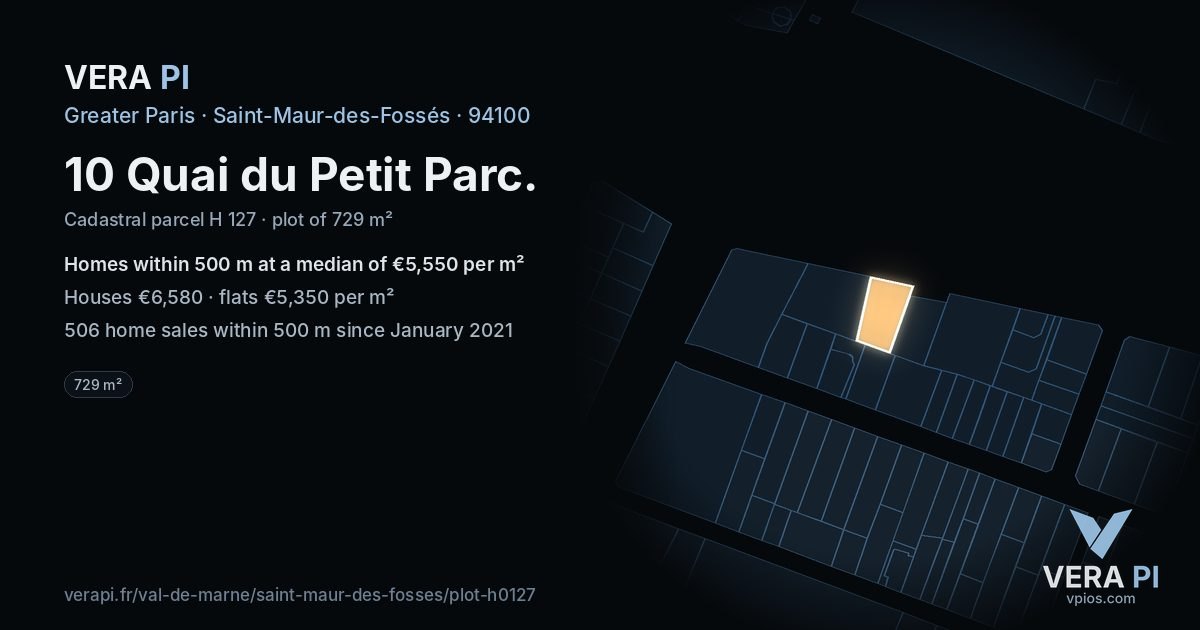 10 Quai du Petit Parc, Saint-Maur-des-Fossés at night – the plot lit, the parcels around coloured by the prices near them