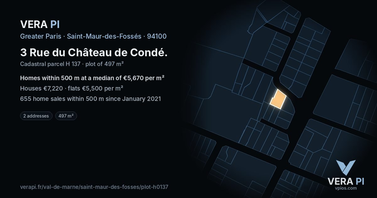 3 Rue du Château de Condé, Saint-Maur-des-Fossés at night – the plot lit, the parcels around coloured by the prices near them
