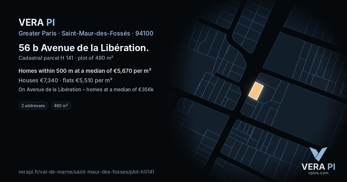 56 b Avenue de la Libération, Saint-Maur-des-Fossés at night – the plot lit, the parcels around coloured by the prices near them