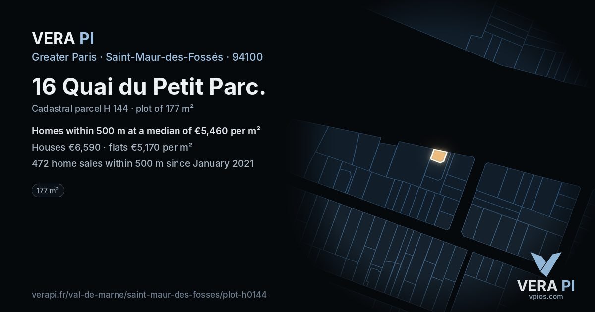 16 Quai du Petit Parc, Saint-Maur-des-Fossés at night – the plot lit, the parcels around coloured by the prices near them