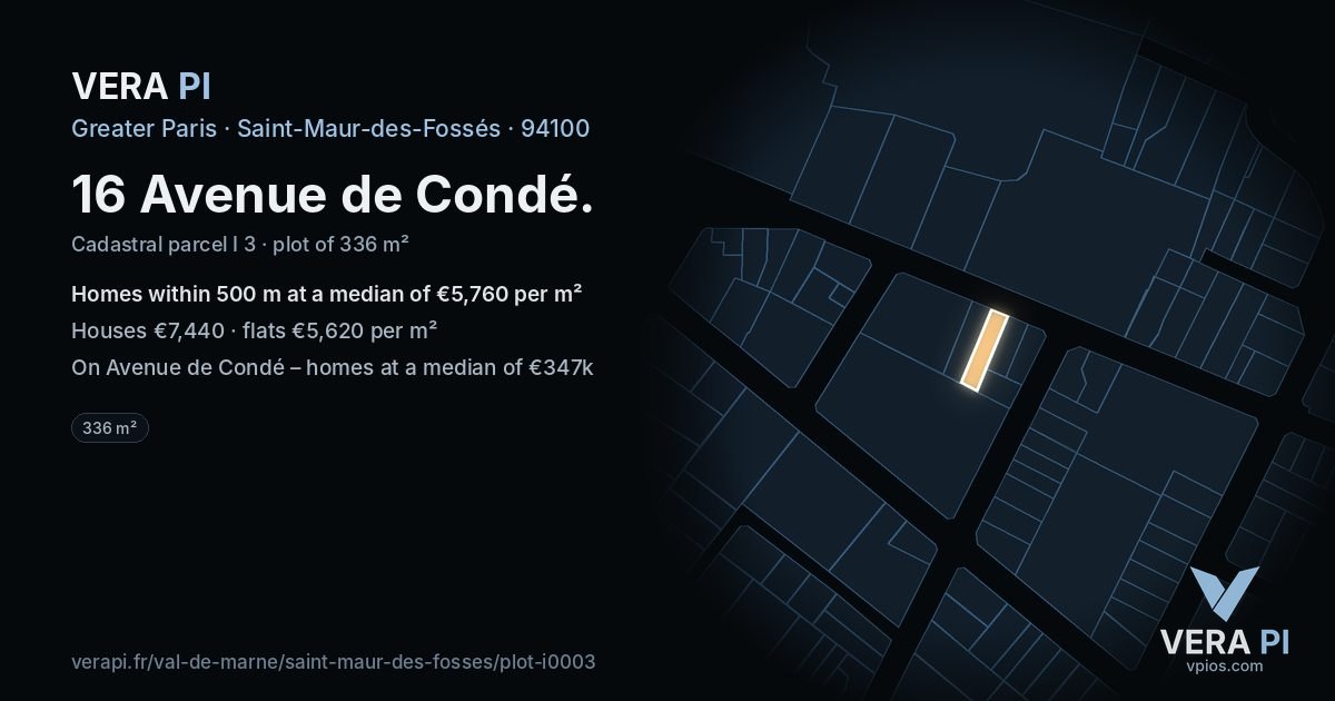16 Avenue de Condé, Saint-Maur-des-Fossés at night – the plot lit, the parcels around coloured by the prices near them