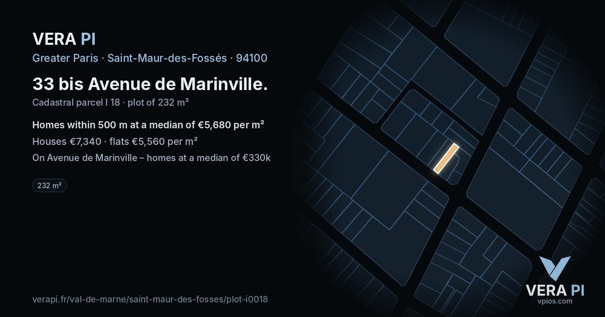 33 bis Avenue de Marinville, Saint-Maur-des-Fossés at night – the plot lit, the parcels around coloured by the prices near them