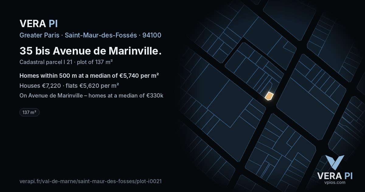 35 bis Avenue de Marinville, Saint-Maur-des-Fossés at night – the plot lit, the parcels around coloured by the prices near them