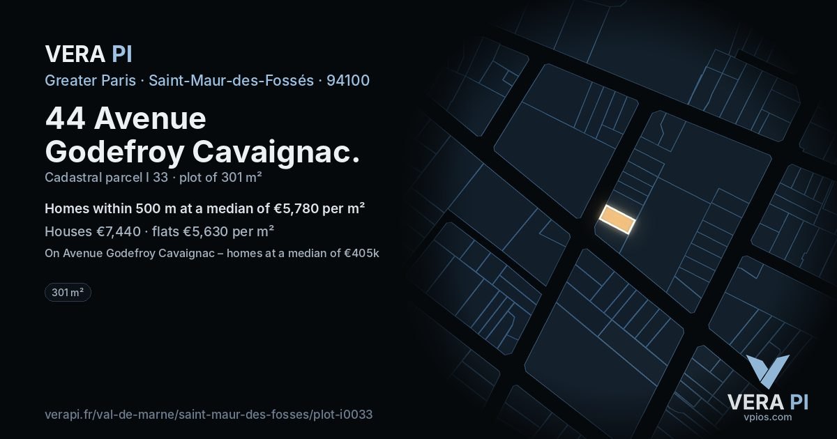 44 Avenue Godefroy Cavaignac, Saint-Maur-des-Fossés at night – the plot lit, the parcels around coloured by the prices near them