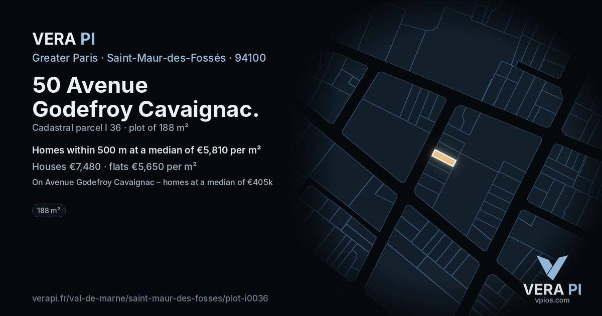 50 Avenue Godefroy Cavaignac, Saint-Maur-des-Fossés at night – the plot lit, the parcels around coloured by the prices near them