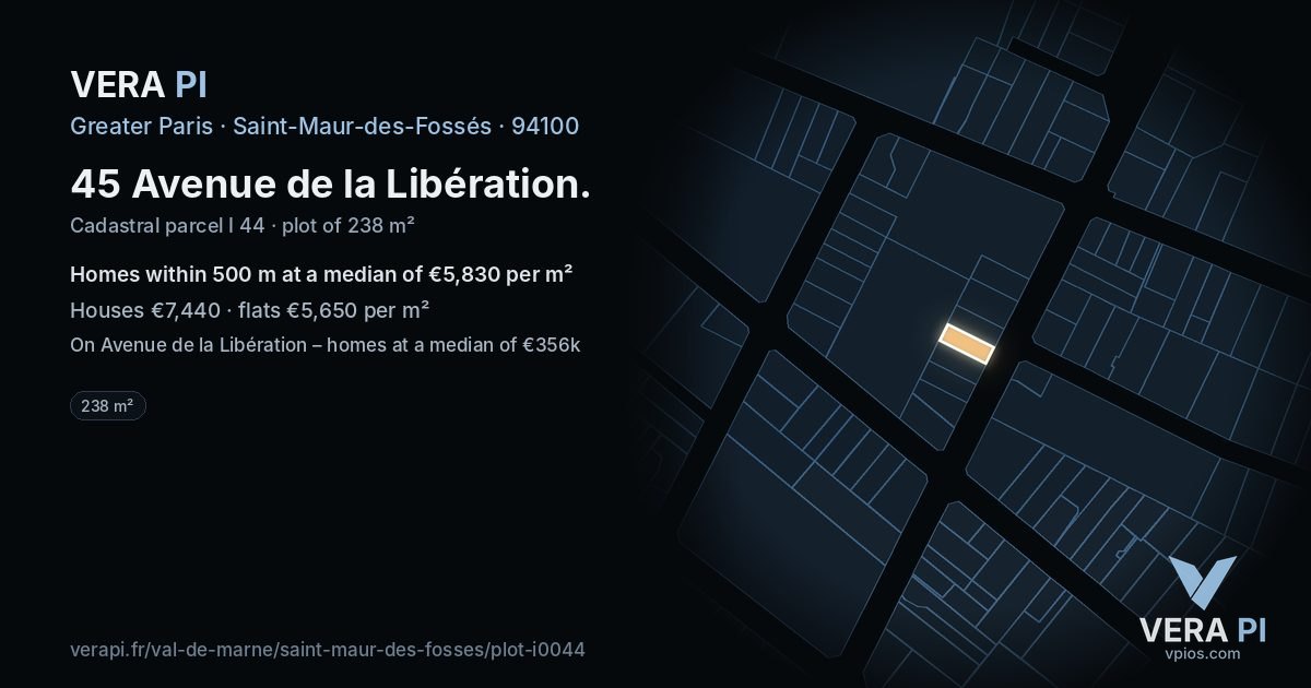 45 Avenue de la Libération, Saint-Maur-des-Fossés at night – the plot lit, the parcels around coloured by the prices near them