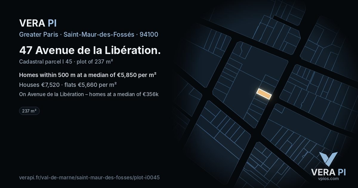 47 Avenue de la Libération, Saint-Maur-des-Fossés at night – the plot lit, the parcels around coloured by the prices near them