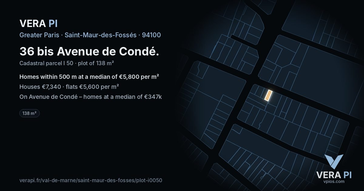 36 bis Avenue de Condé, Saint-Maur-des-Fossés at night – the plot lit, the parcels around coloured by the prices near them