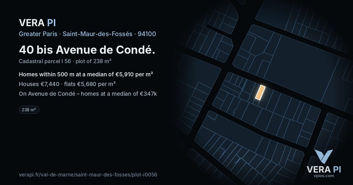 40 bis Avenue de Condé, Saint-Maur-des-Fossés at night – the plot lit, the parcels around coloured by the prices near them