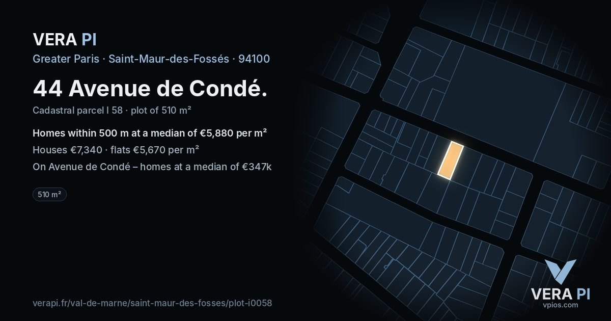 44 Avenue de Condé, Saint-Maur-des-Fossés at night – the plot lit, the parcels around coloured by the prices near them