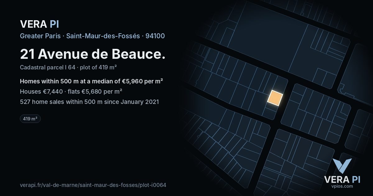 21 Avenue de Beauce, Saint-Maur-des-Fossés at night – the plot lit, the parcels around coloured by the prices near them