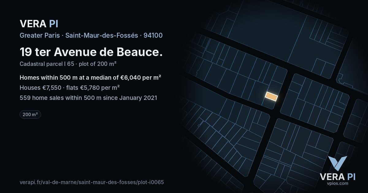 19 ter Avenue de Beauce, Saint-Maur-des-Fossés at night – the plot lit, the parcels around coloured by the prices near them