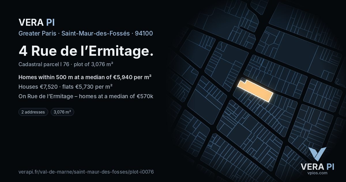 4 Rue de l’Ermitage, Saint-Maur-des-Fossés at night – the plot lit, the parcels around coloured by the prices near them