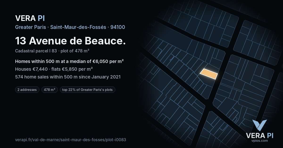 13 Avenue de Beauce, Saint-Maur-des-Fossés at night – the plot lit, the parcels around coloured by the prices near them