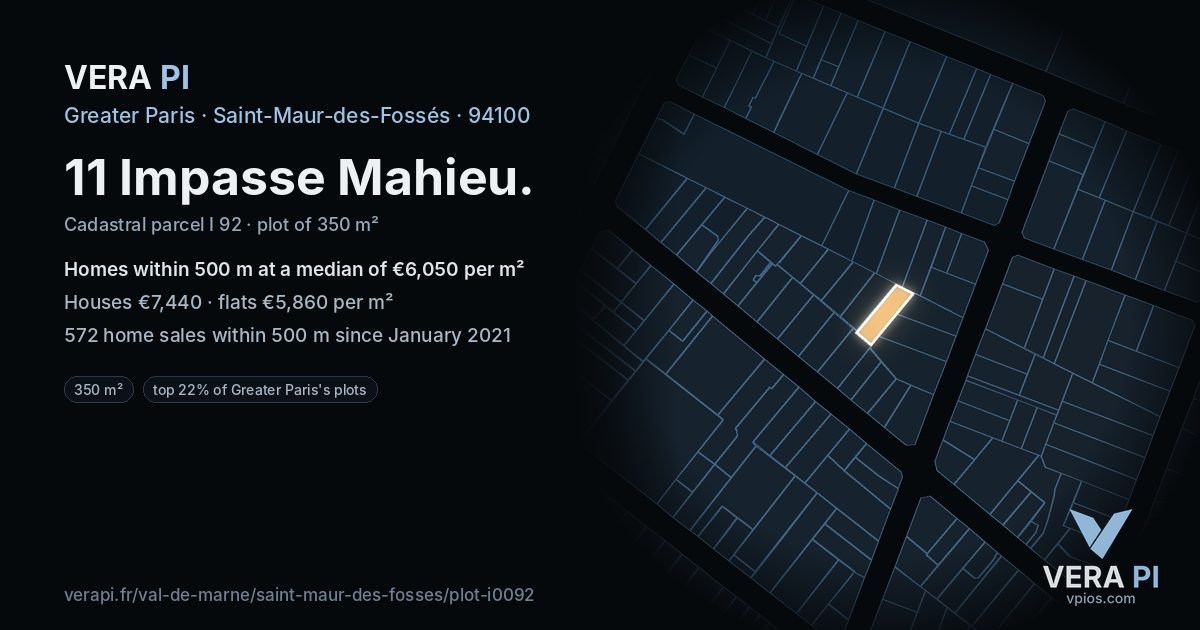 11 Impasse Mahieu, Saint-Maur-des-Fossés at night – the plot lit, the parcels around coloured by the prices near them