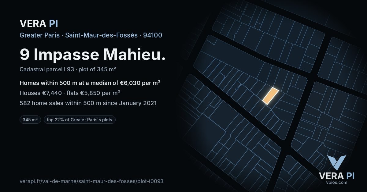 9 Impasse Mahieu, Saint-Maur-des-Fossés at night – the plot lit, the parcels around coloured by the prices near them
