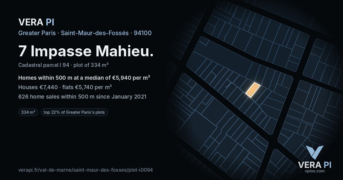 7 Impasse Mahieu, Saint-Maur-des-Fossés at night – the plot lit, the parcels around coloured by the prices near them