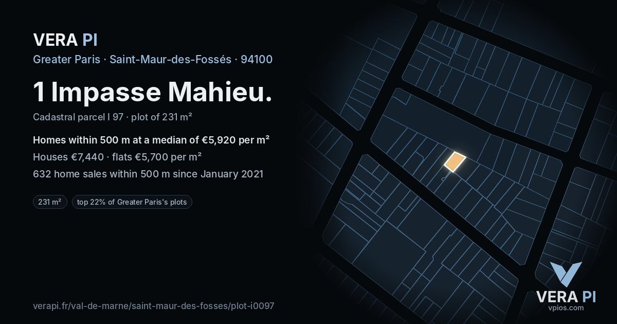 1 Impasse Mahieu, Saint-Maur-des-Fossés at night – the plot lit, the parcels around coloured by the prices near them
