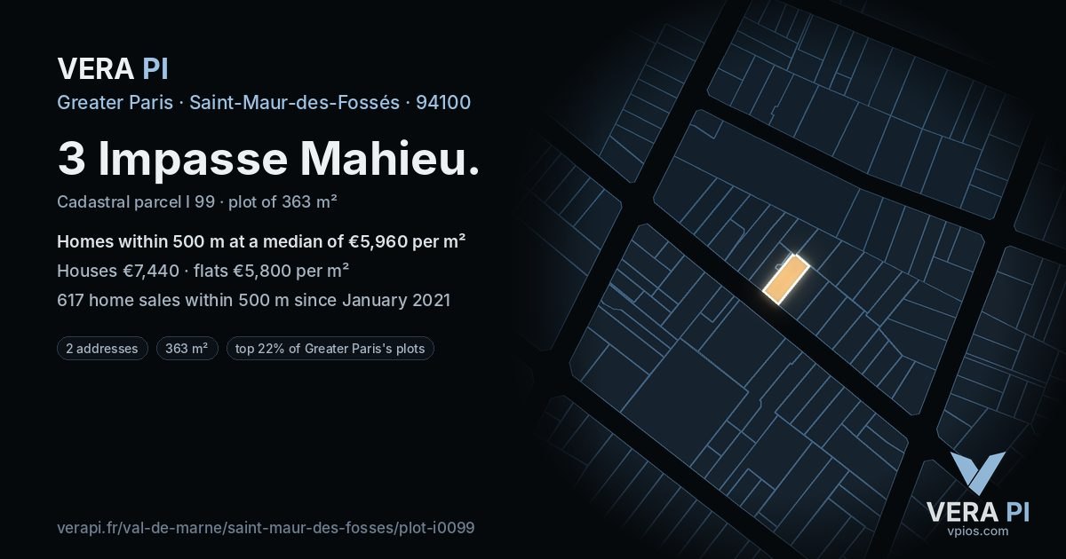 3 Impasse Mahieu, Saint-Maur-des-Fossés at night – the plot lit, the parcels around coloured by the prices near them