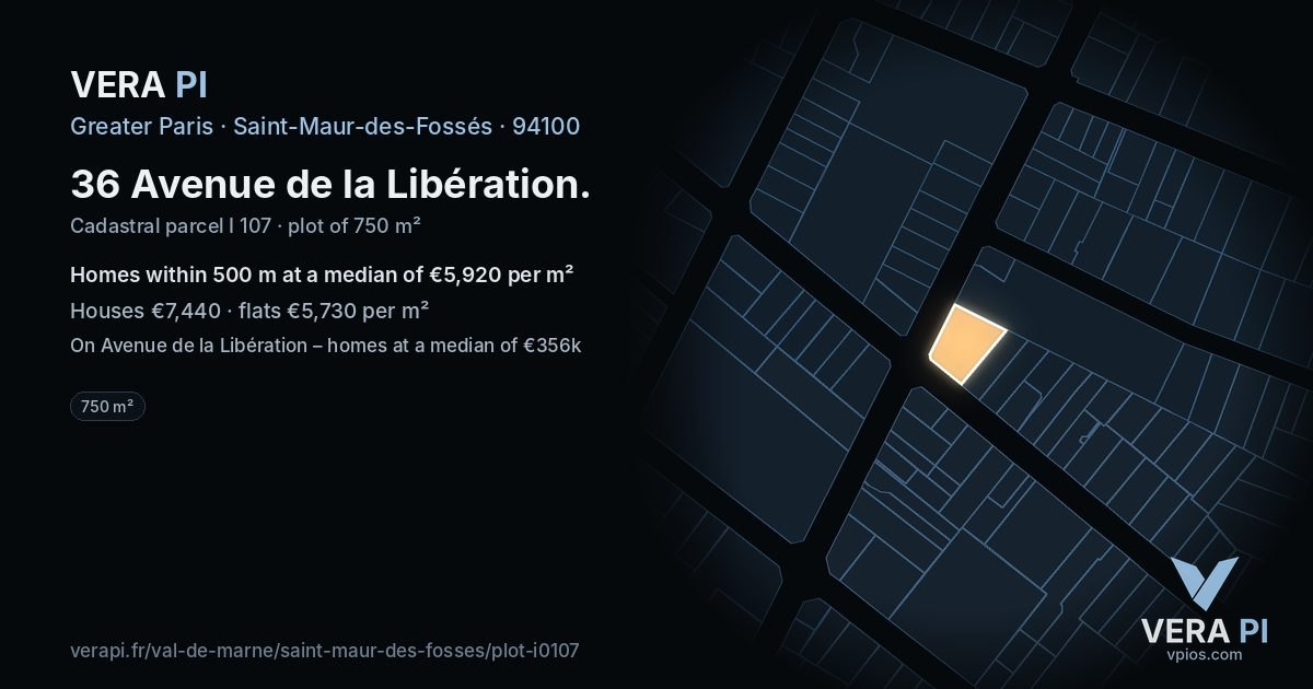 36 Avenue de la Libération, Saint-Maur-des-Fossés at night – the plot lit, the parcels around coloured by the prices near them