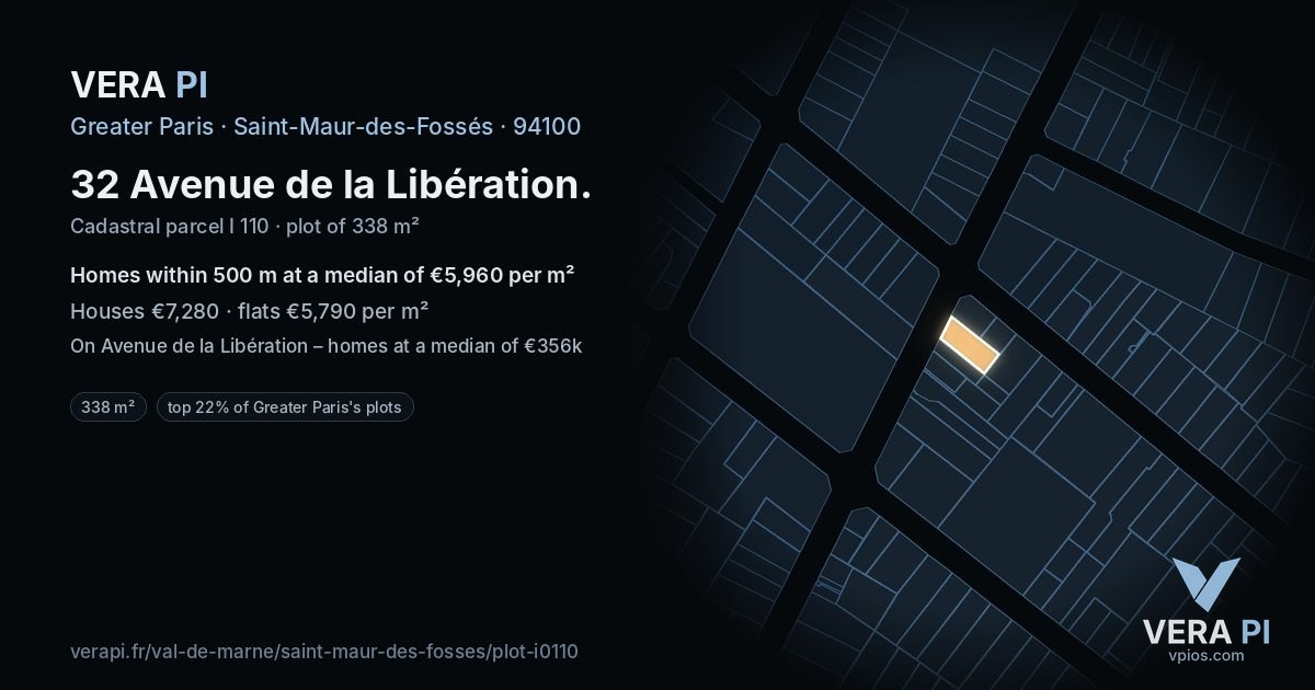 32 Avenue de la Libération, Saint-Maur-des-Fossés at night – the plot lit, the parcels around coloured by the prices near them