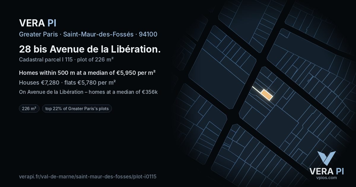 28 bis Avenue de la Libération, Saint-Maur-des-Fossés at night – the plot lit, the parcels around coloured by the prices near them