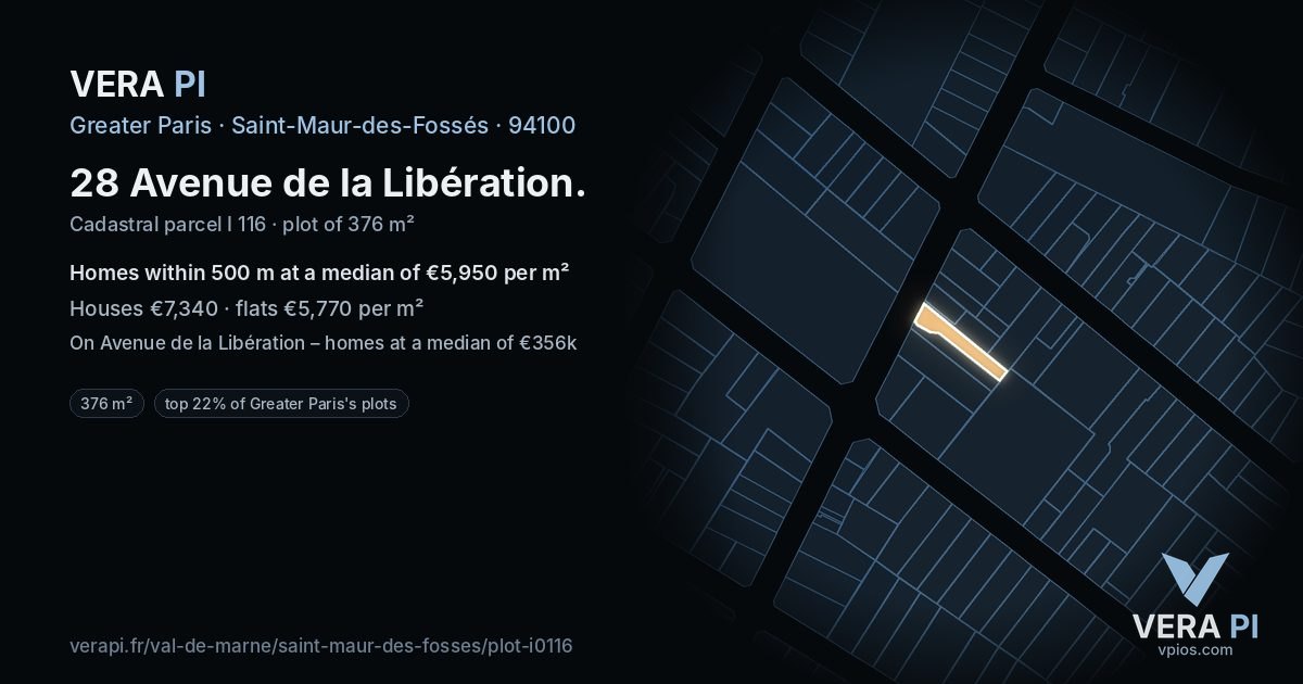 28 Avenue de la Libération, Saint-Maur-des-Fossés at night – the plot lit, the parcels around coloured by the prices near them