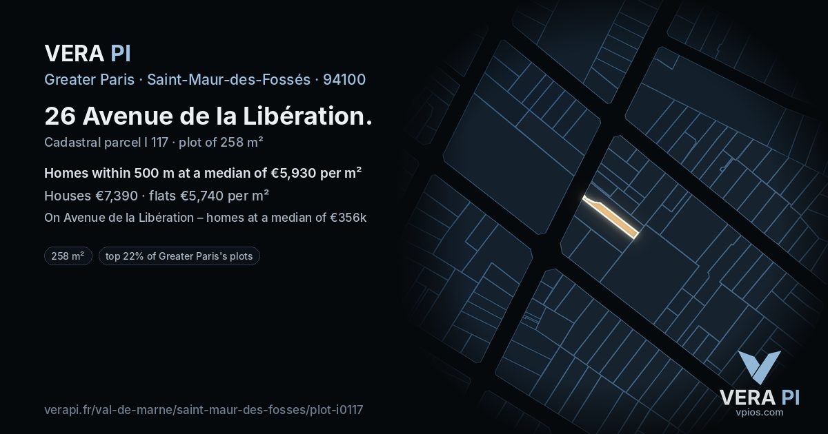 26 Avenue de la Libération, Saint-Maur-des-Fossés at night – the plot lit, the parcels around coloured by the prices near them