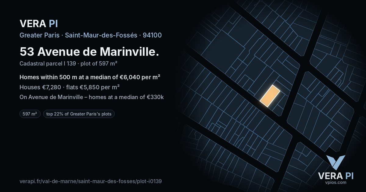53 Avenue de Marinville, Saint-Maur-des-Fossés at night – the plot lit, the parcels around coloured by the prices near them