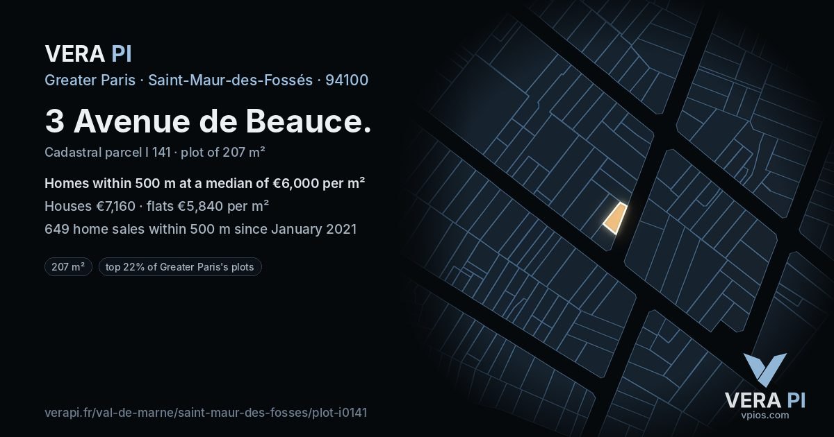 3 Avenue de Beauce, Saint-Maur-des-Fossés at night – the plot lit, the parcels around coloured by the prices near them