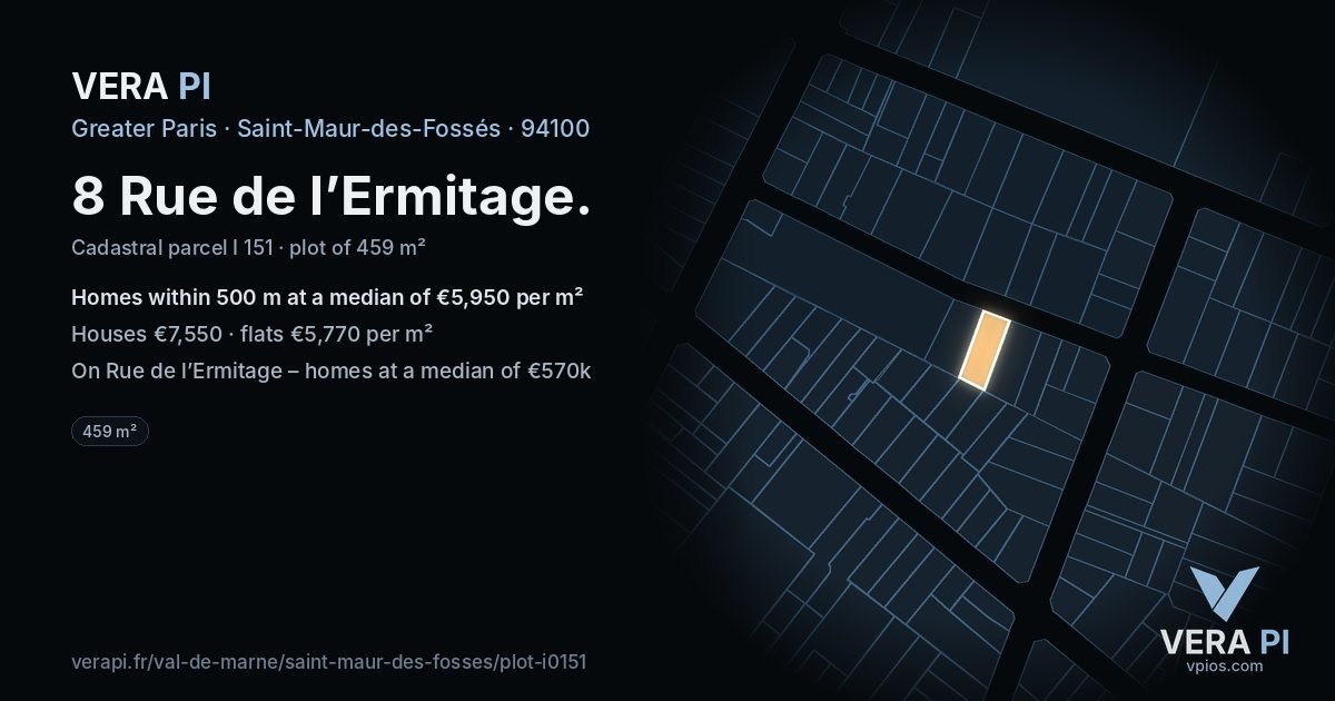 8 Rue de l’Ermitage, Saint-Maur-des-Fossés at night – the plot lit, the parcels around coloured by the prices near them