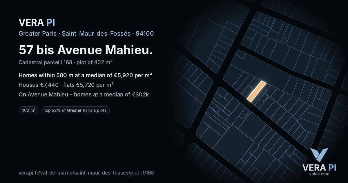 57 bis Avenue Mahieu, Saint-Maur-des-Fossés at night – the plot lit, the parcels around coloured by the prices near them