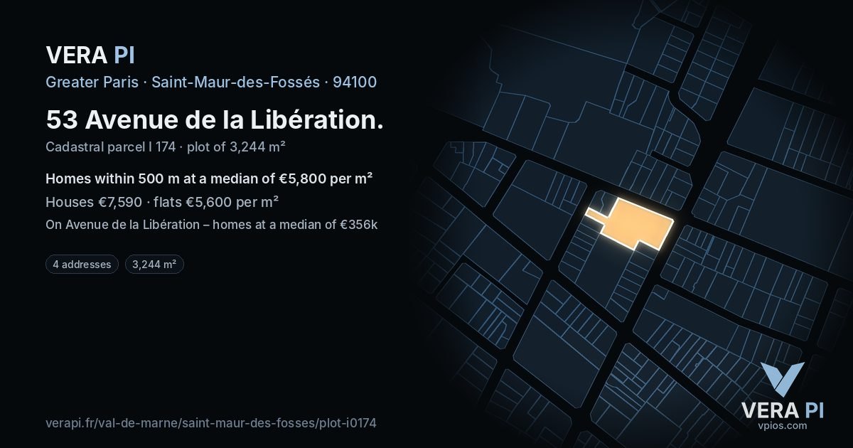 53 Avenue de la Libération, Saint-Maur-des-Fossés at night – the plot lit, the parcels around coloured by the prices near them