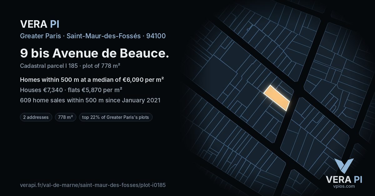9 bis Avenue de Beauce, Saint-Maur-des-Fossés at night – the plot lit, the parcels around coloured by the prices near them