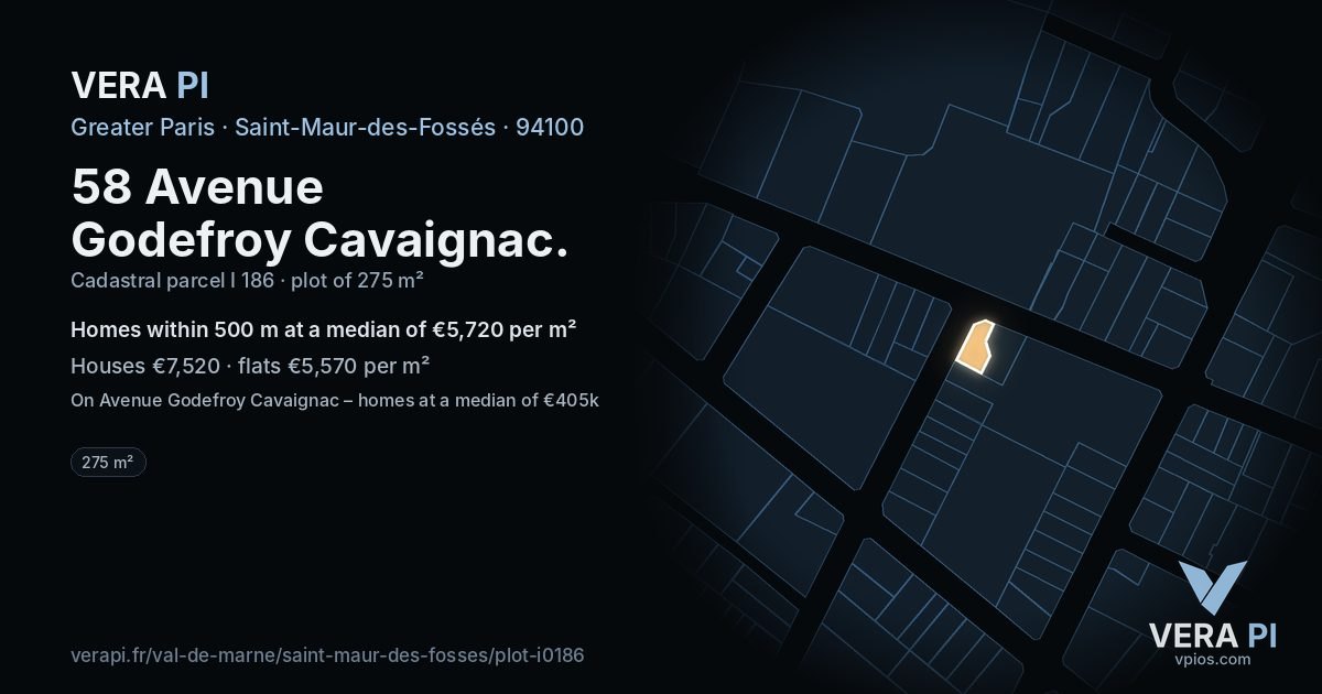 58 Avenue Godefroy Cavaignac, Saint-Maur-des-Fossés at night – the plot lit, the parcels around coloured by the prices near them