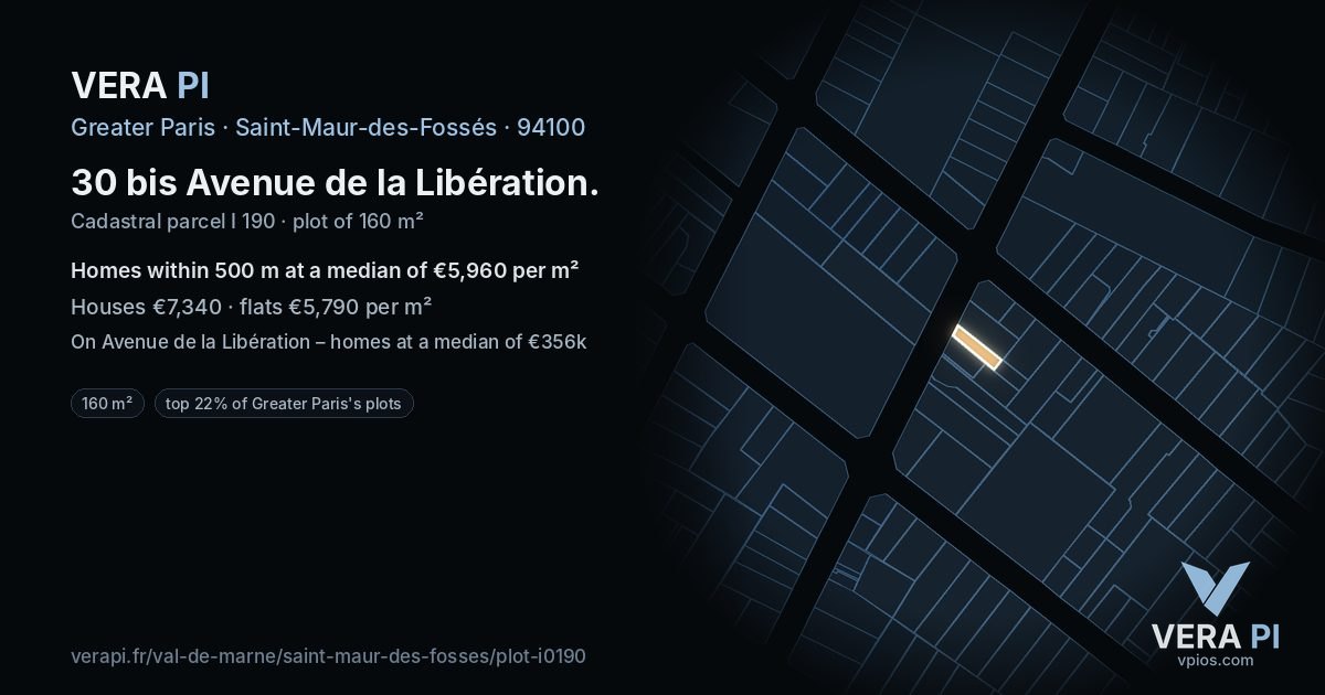 30 bis Avenue de la Libération, Saint-Maur-des-Fossés at night – the plot lit, the parcels around coloured by the prices near them