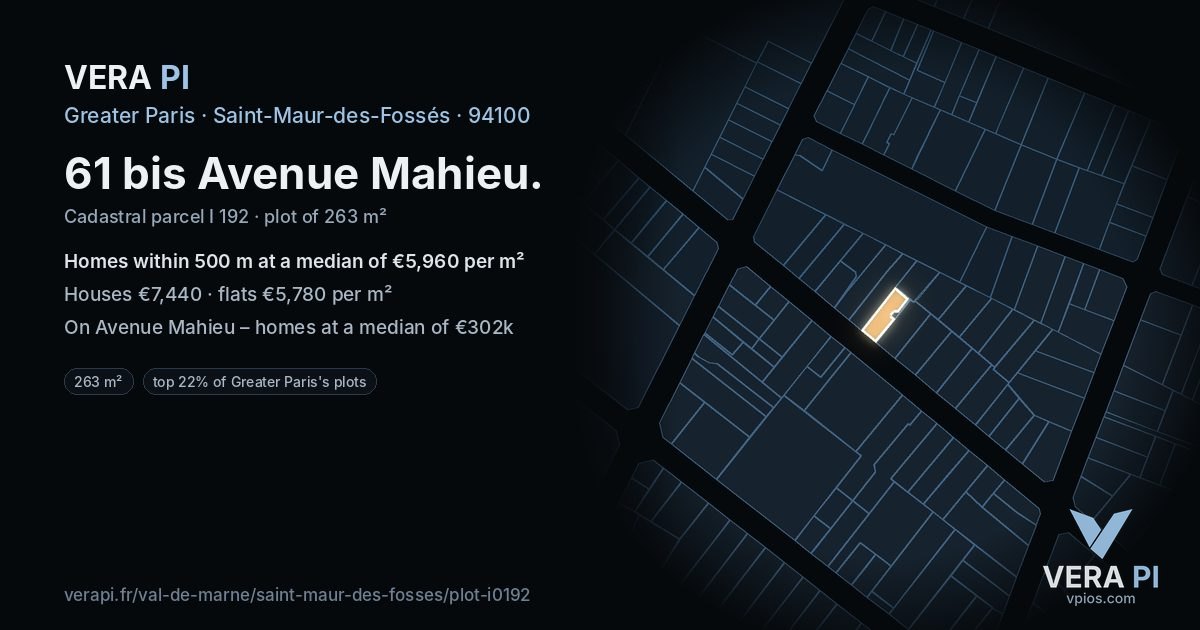 61 bis Avenue Mahieu, Saint-Maur-des-Fossés at night – the plot lit, the parcels around coloured by the prices near them