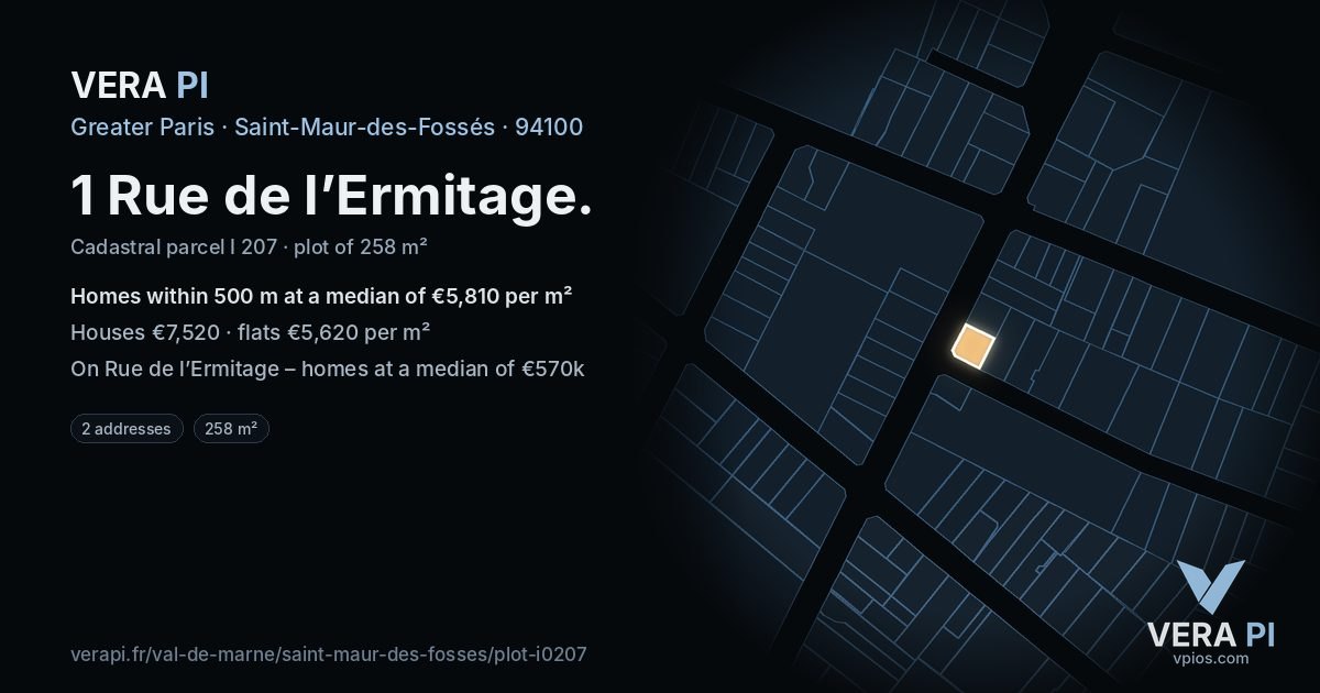 1 Rue de l’Ermitage, Saint-Maur-des-Fossés at night – the plot lit, the parcels around coloured by the prices near them