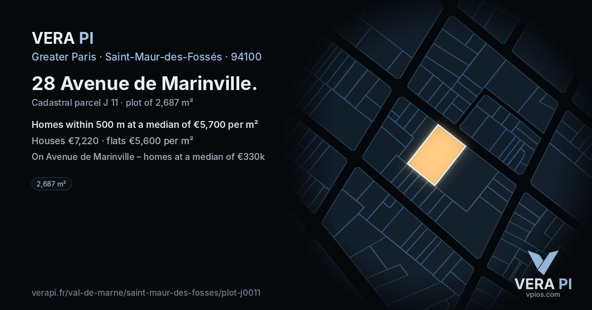 28 Avenue de Marinville, Saint-Maur-des-Fossés at night – the plot lit, the parcels around coloured by the prices near them