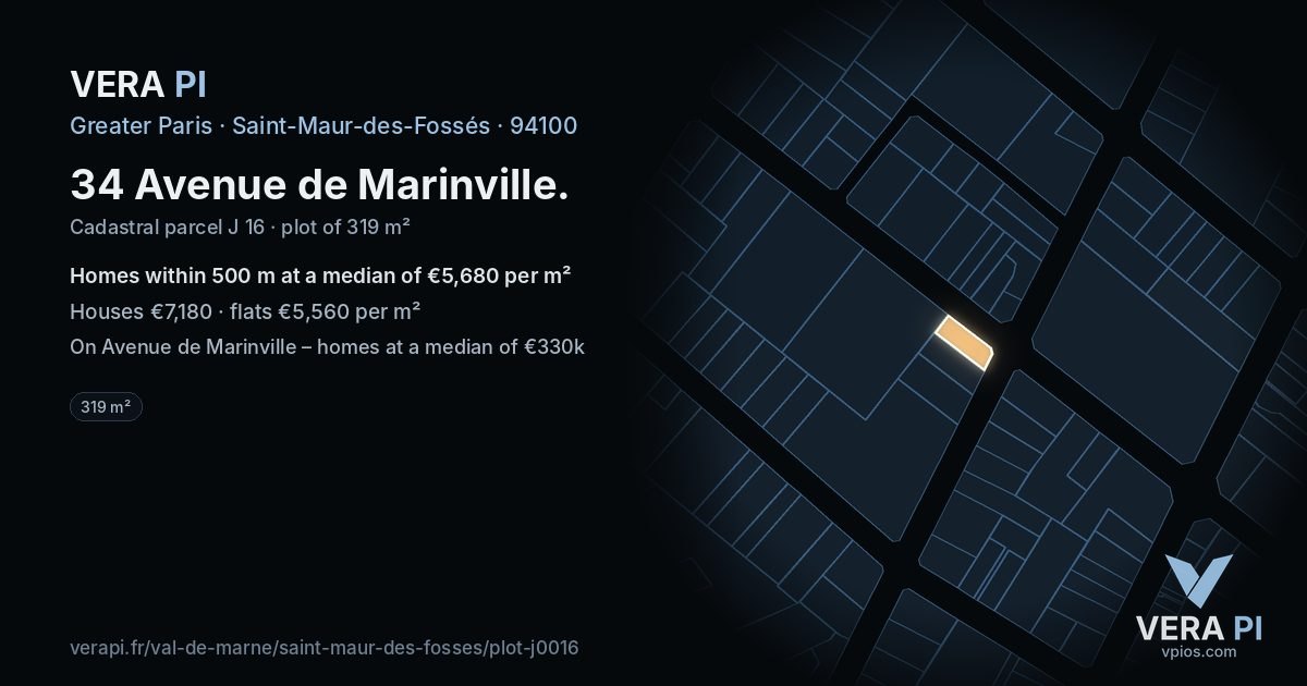 34 Avenue de Marinville, Saint-Maur-des-Fossés at night – the plot lit, the parcels around coloured by the prices near them